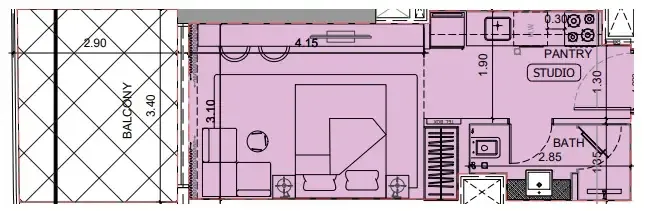 Project Maybach Studio floor plan, 401 sqft