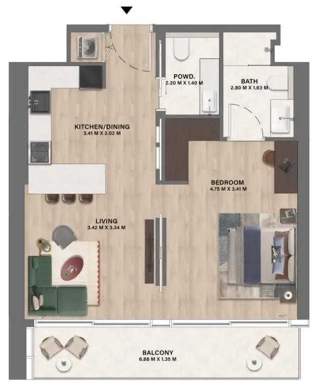 Mövenpick Residences Dubai Motor City Phase 1 1 bed floor plan, 725 sqft