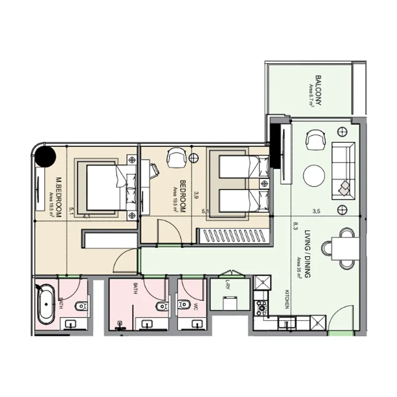 Edgewater Residences 1, 2 and 3 2 bed floor plan, 1,136 sqft