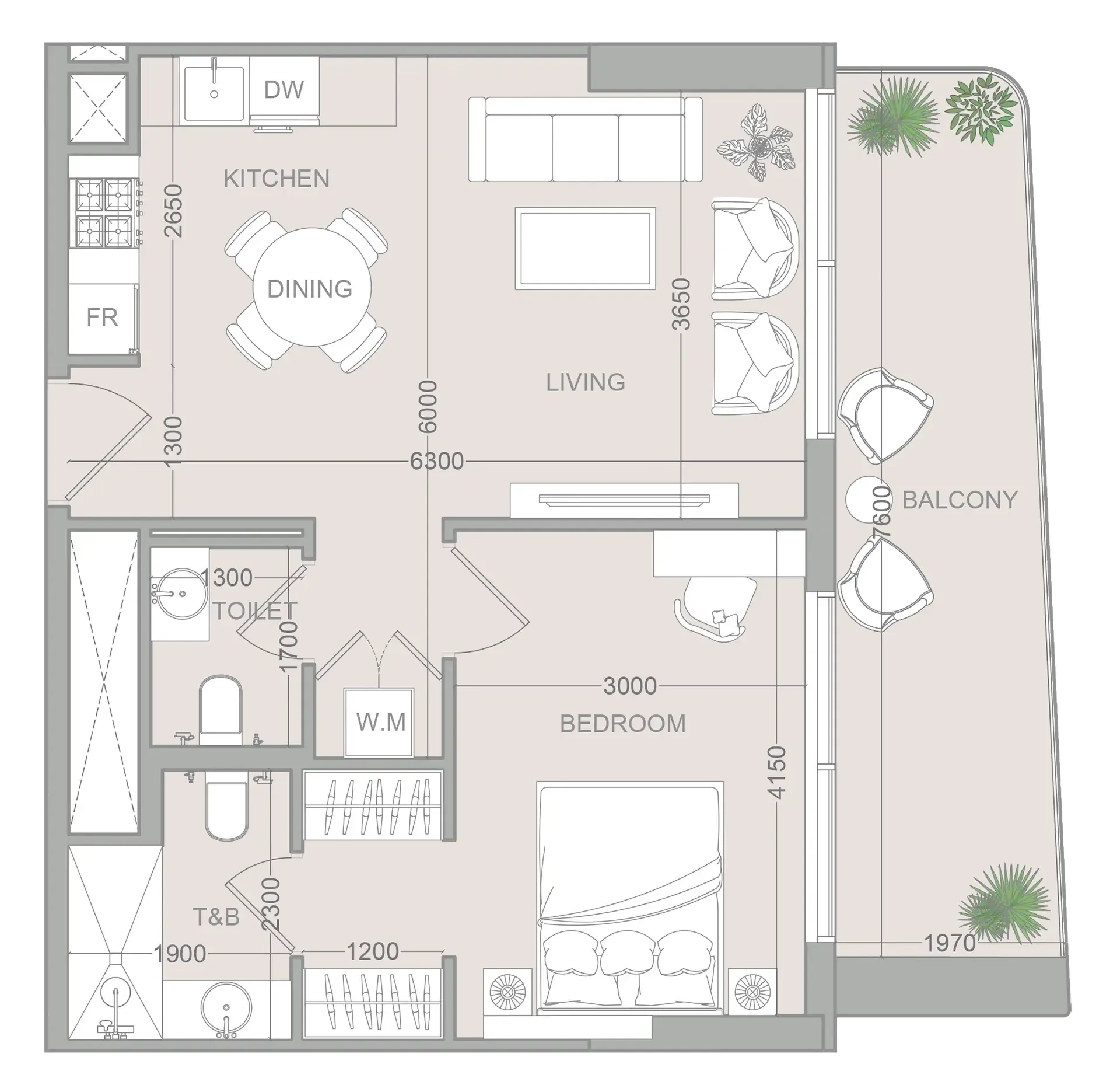 ELAR1S Sky 1 bed floor plan, 733 sqft