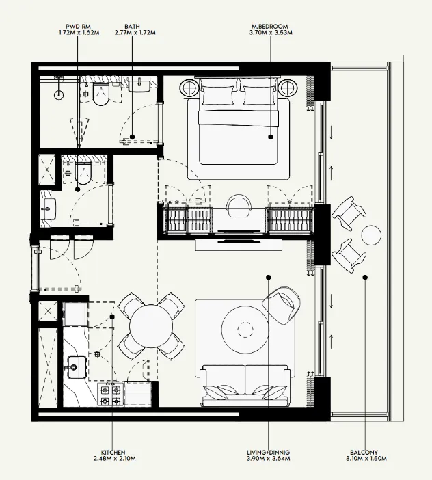 Azizi Venice 1 bed floor plan, 689 sqft