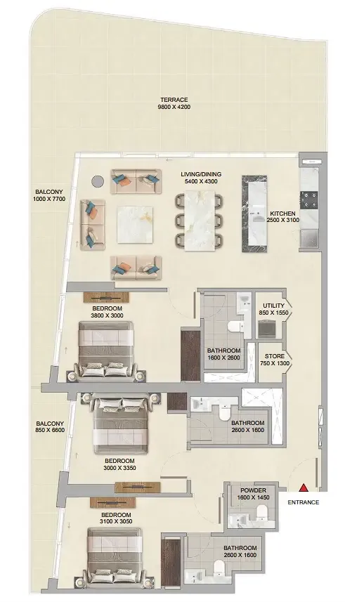 River Cove Residences at Sobha City 3 bed floor plan, 1,903 sqft
