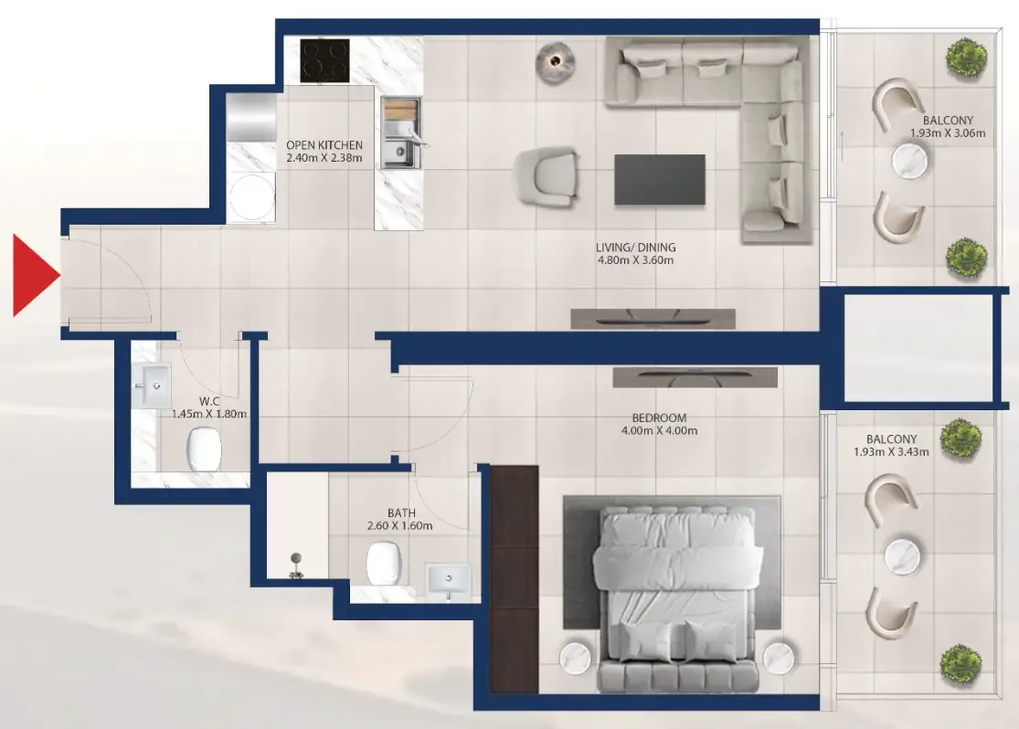 Al Vista 1 bed floor plan, 799 sqft