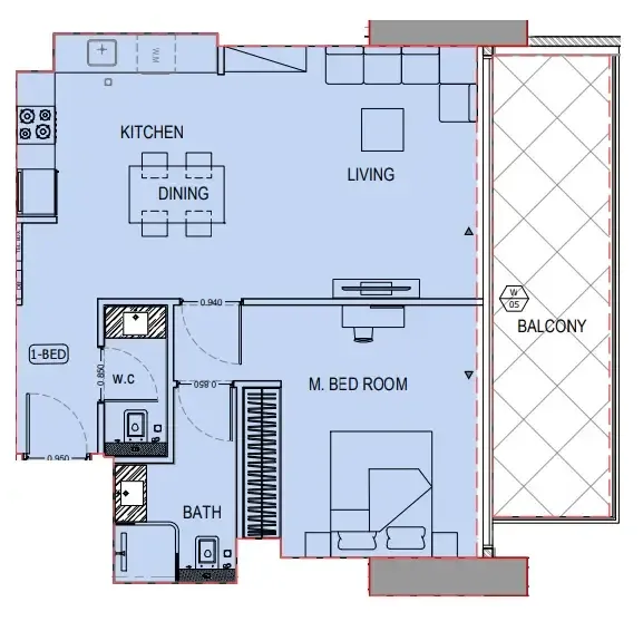 Binghatti Apex 1 bed floor plan, 834 sqft
