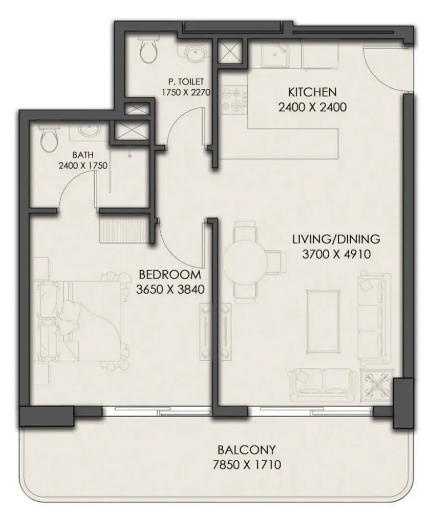 Park Residency 1 bed floor plan, 722 sqft