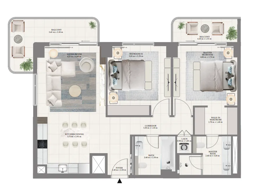 Porto View 2 bed floor plan, 1,285 sqft