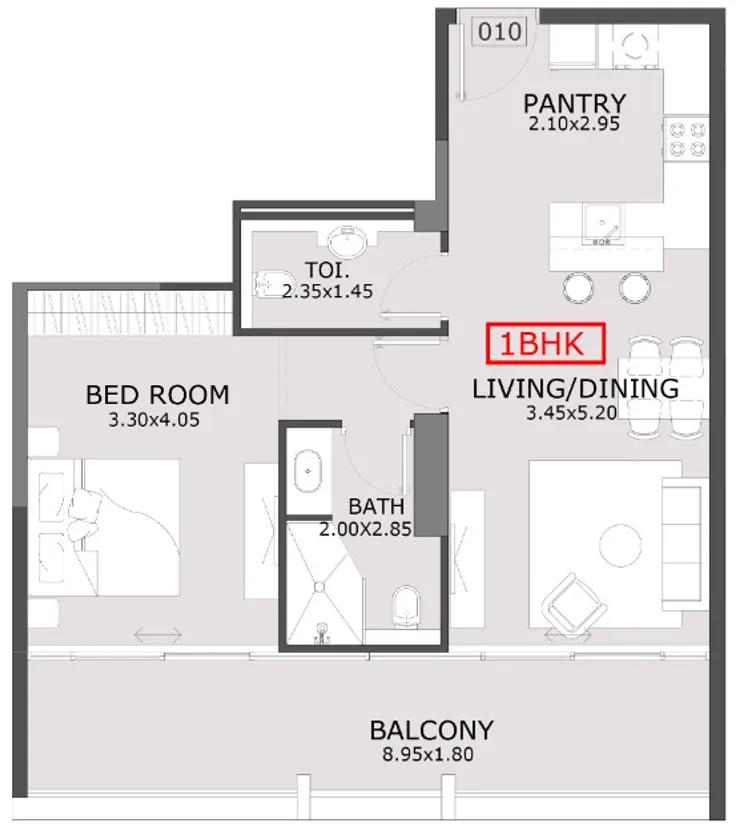 Azra Residence 1 bed floor plan, 822 sqft