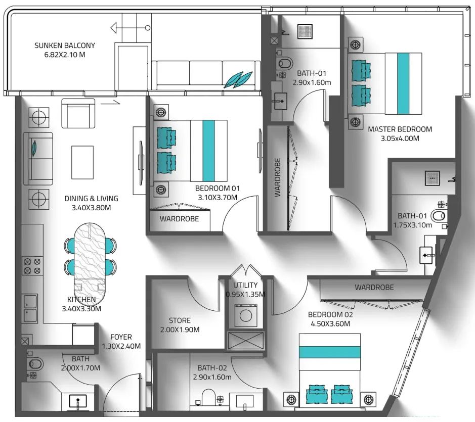 Reef 998 3 bed floor plan, 1,397 sqft