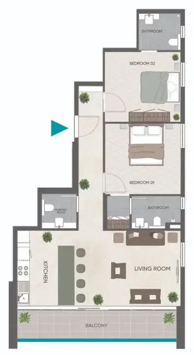 Eden Golf Views 1 2 bed floor plan, 1,077 sqft