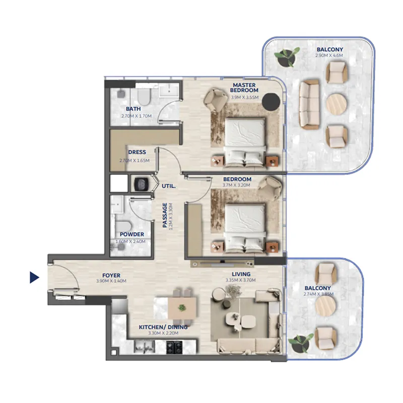 Vedaire Residences 2 bed floor plan, 1,106 sqft