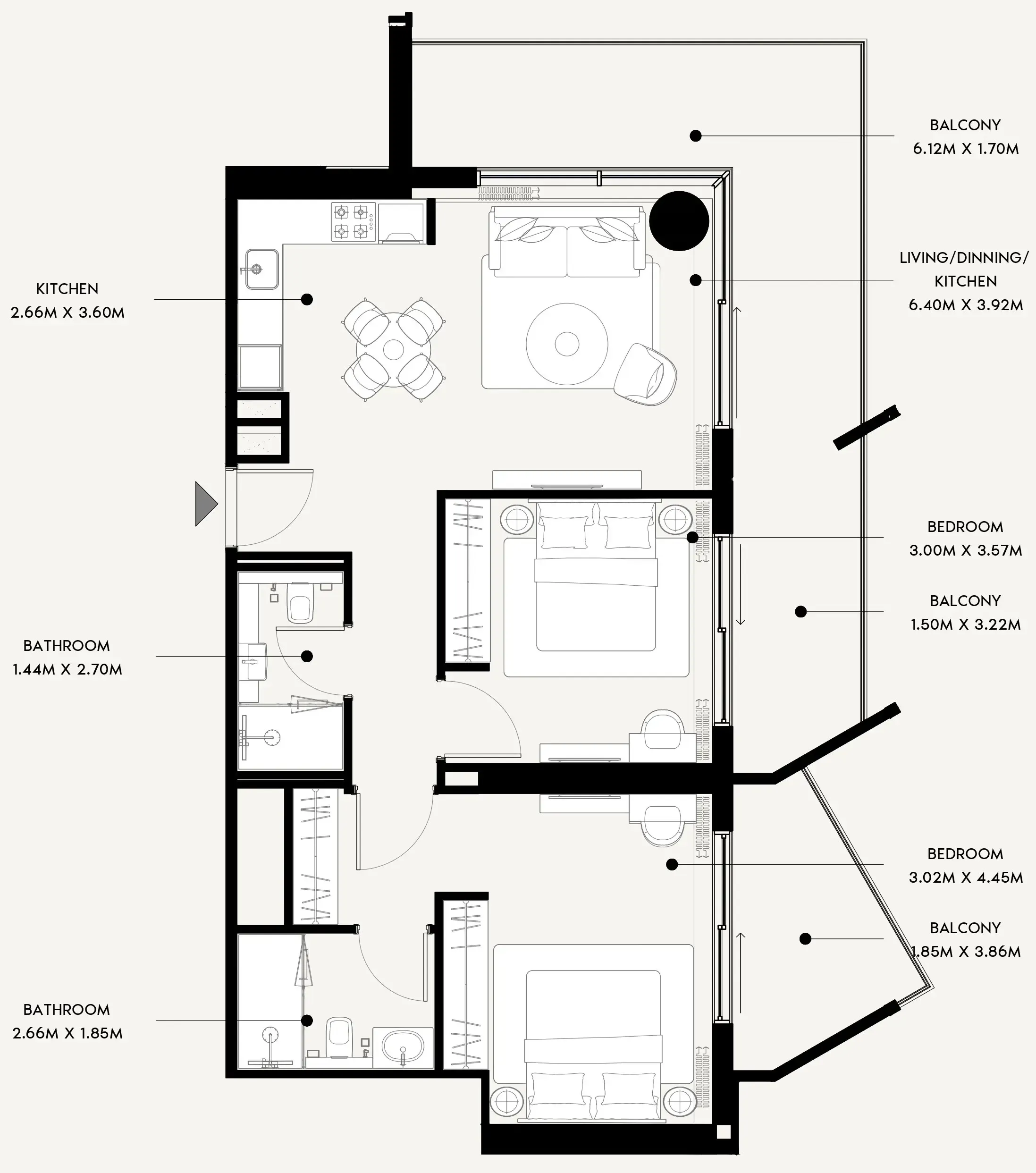 Azizi Venice 2 bed floor plan, 1,224 sqft