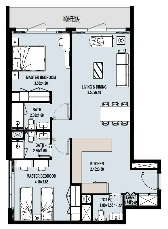 Verdana IX 2 bed floor plan, 1,009 – 1,041 sqft