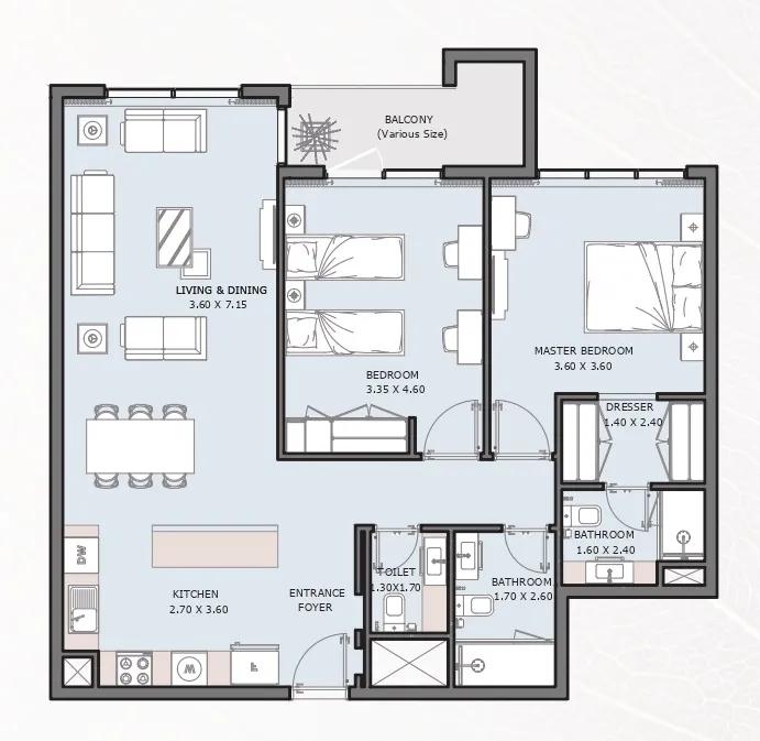 Verdana V 2 bed floor plan, 968 – 1,313 sqft
