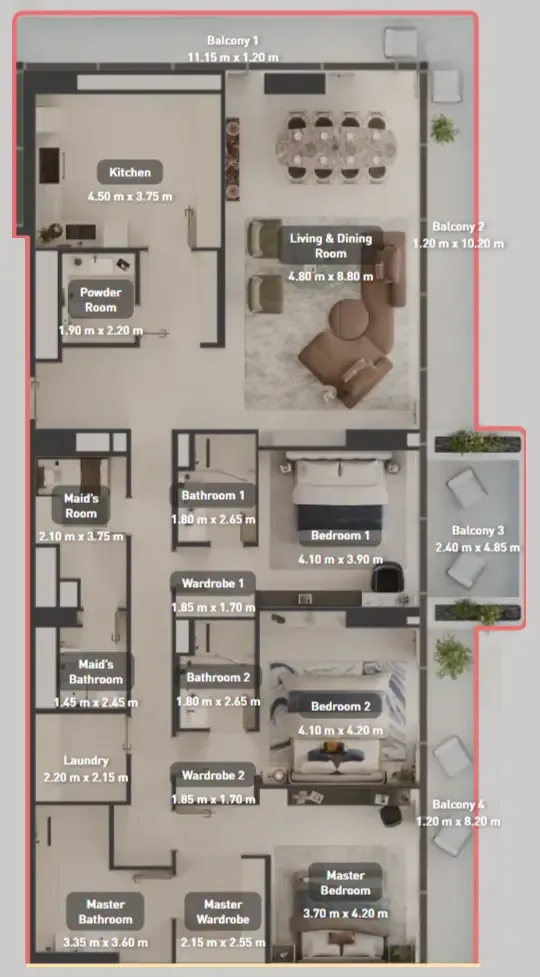 Luluat Marina at Luluat Al Raha 3 bed floor plan, 2,671 sqft