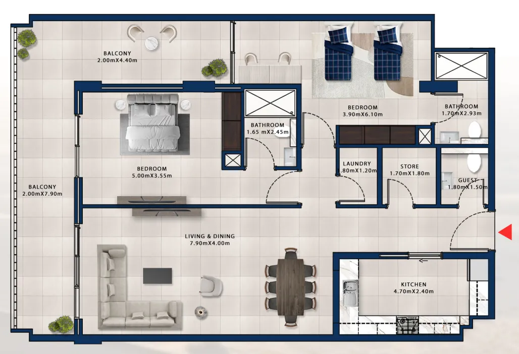 Asayel Avenue 2 bed floor plan, 1,598 sqft