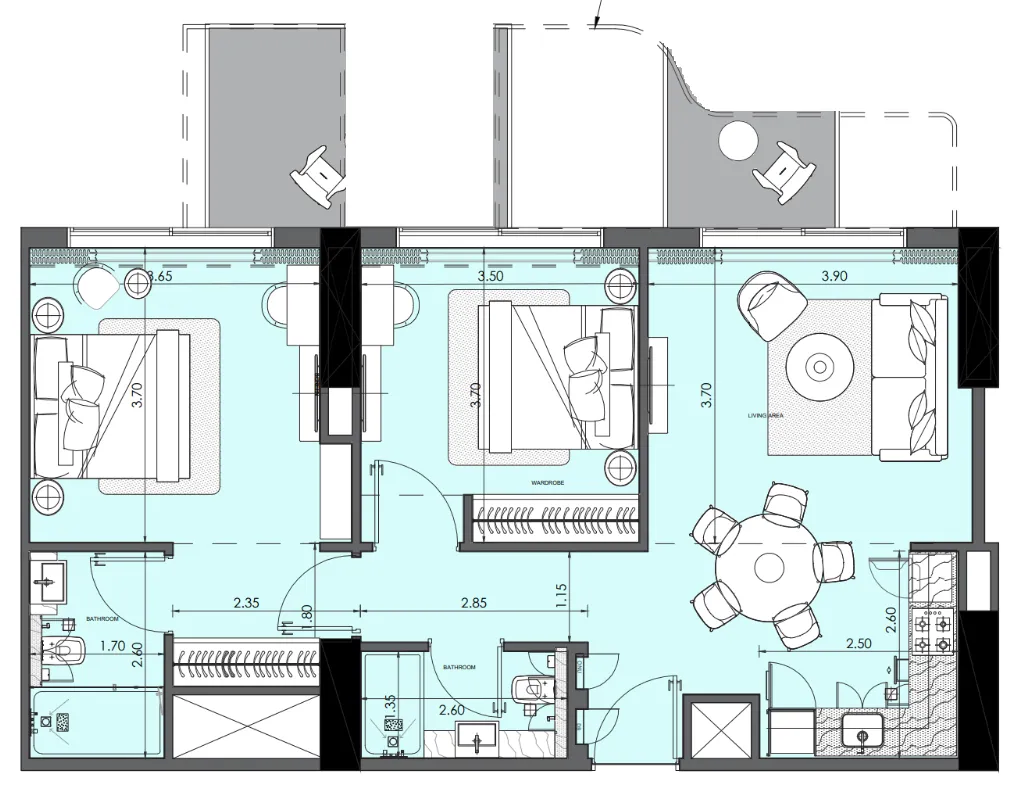 Azizi Wasel 2 bed floor plan, 968 sqft