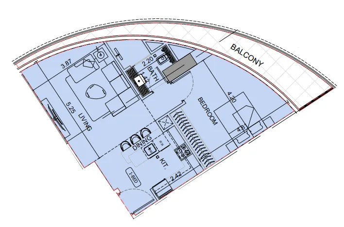 Binghatti Aquarise 1 bed floor plan, 783 sqft