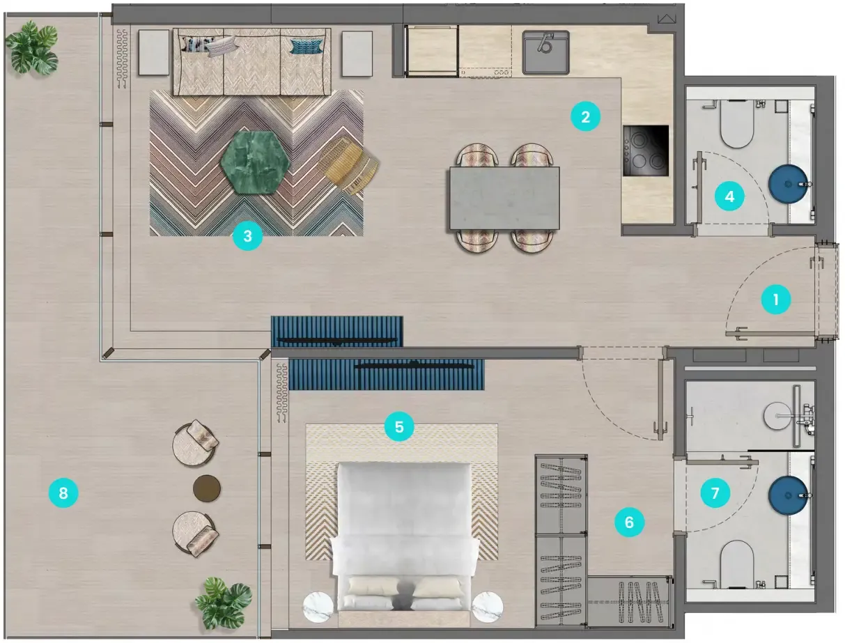 Trio Isle Queen B 1 bed floor plan, 682 – 691 sqft