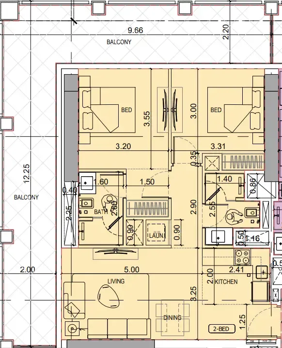 Binghatti Titania 2 bed floor plan, 1,200 sqft