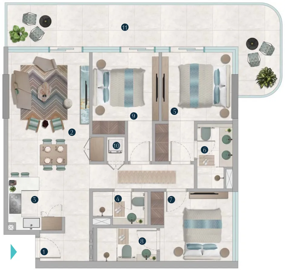 Octa Isle Interiors by Missoni 3 bed floor plan, 1,369 – 1,371 sqft