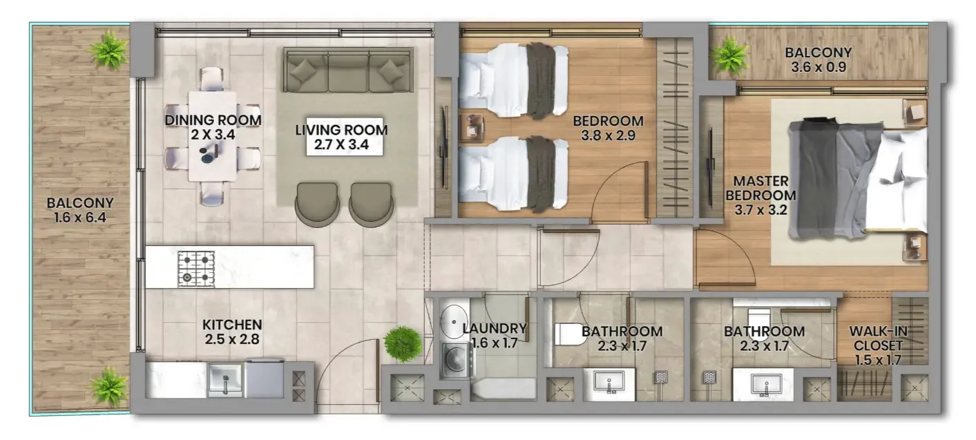Elemental 22 2 bed floor plan, 988 sqft