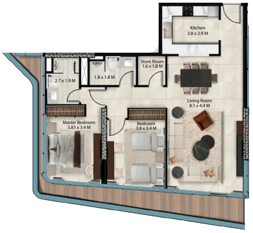 Cresswell Views 2 bed floor plan, 1,317 sqft