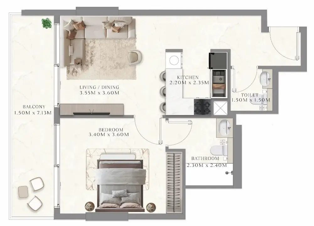 Aum 99 Residences 1 bed floor plan, 538 sqft