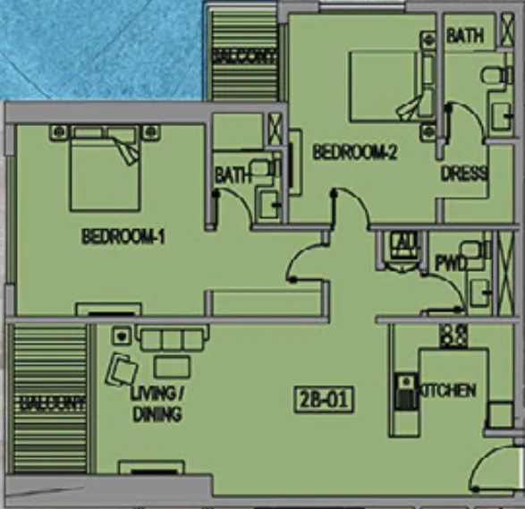 Jade Tower 2 bed floor plan, 1,311 sqft