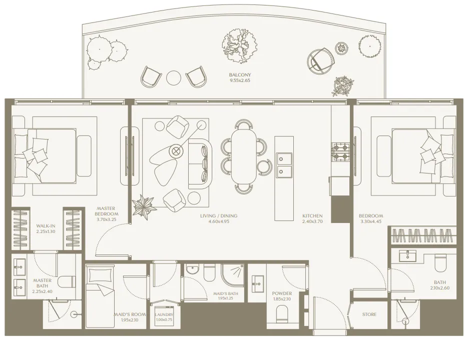 AYA Beachfront Residences 2 bed floor plan, 1,345 sqft