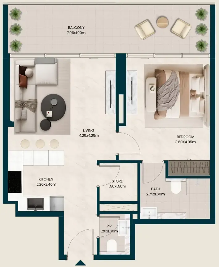 Kyomi Residences 1 bed floor plan, 776 sqft