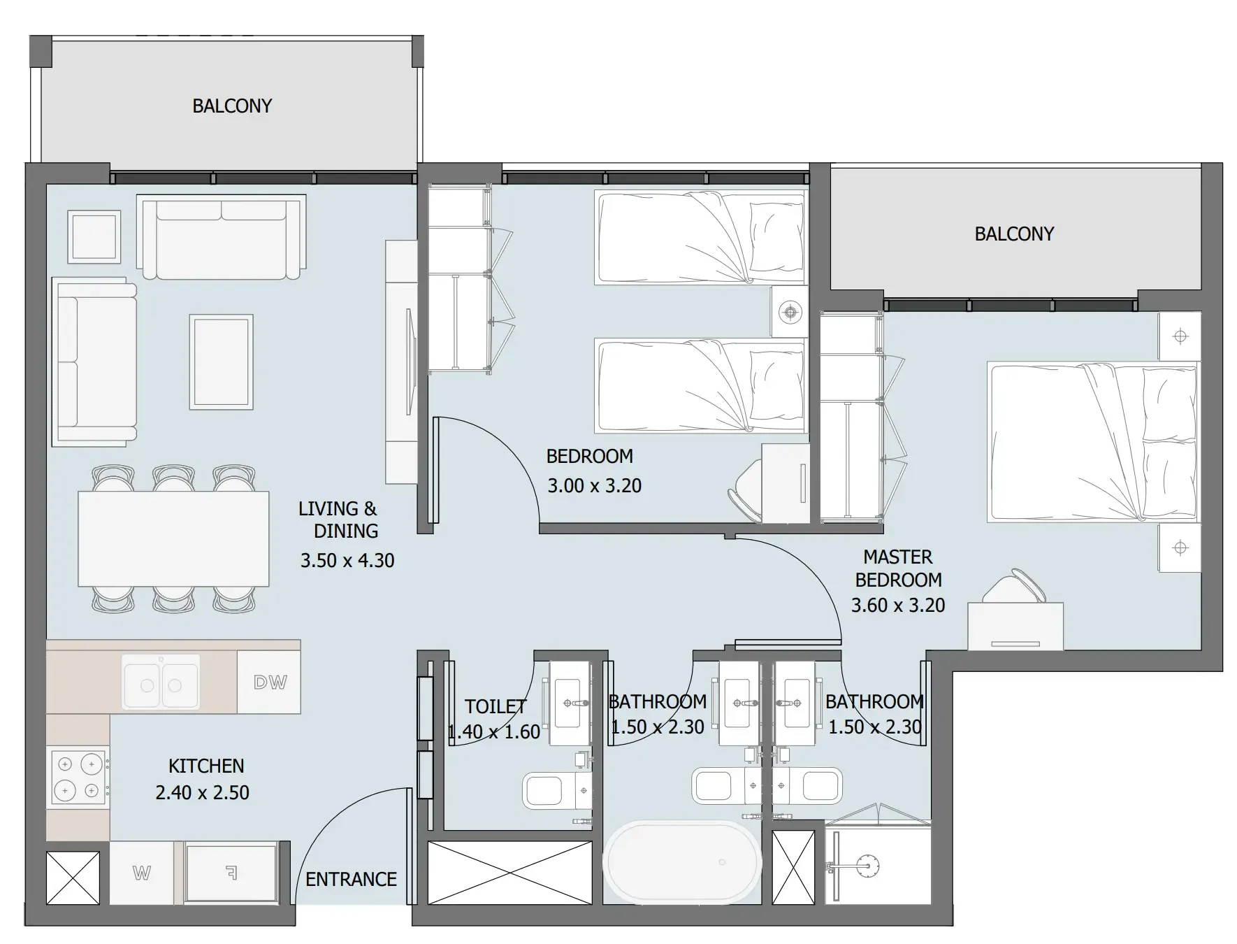 Verdana III 2 bed floor plan, 806 – 809 sqft