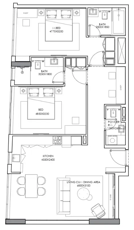 Concept 7 Residences 2 bed floor plan, 1,140 sqft