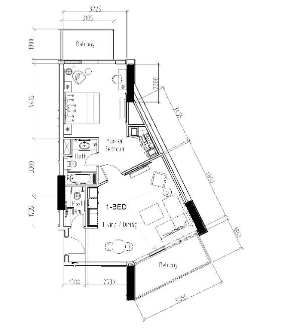 Damac Hills - Radisson Dubai 1 bed floor plan, 901 sqft