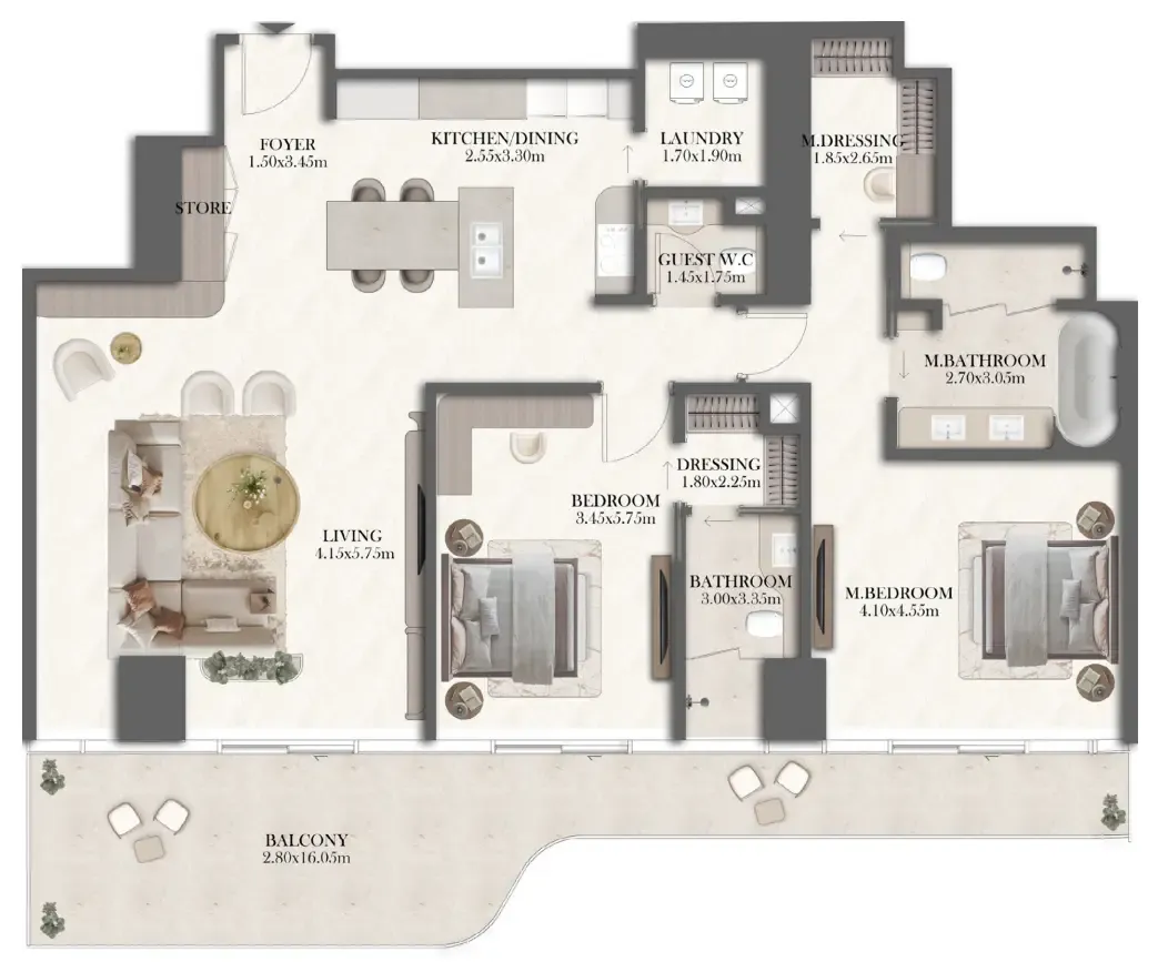 Jumeirah Residences at Al Maryah Island 2 bed floor plan, 2,009 sqft