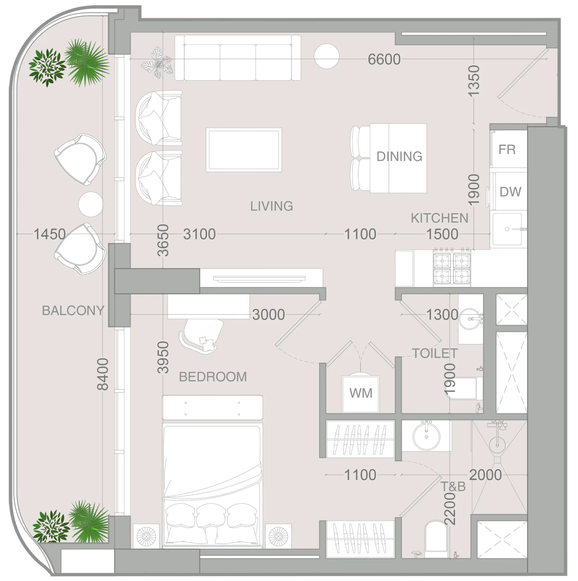 ALTA V1EW 1 bed floor plan, 735 sqft