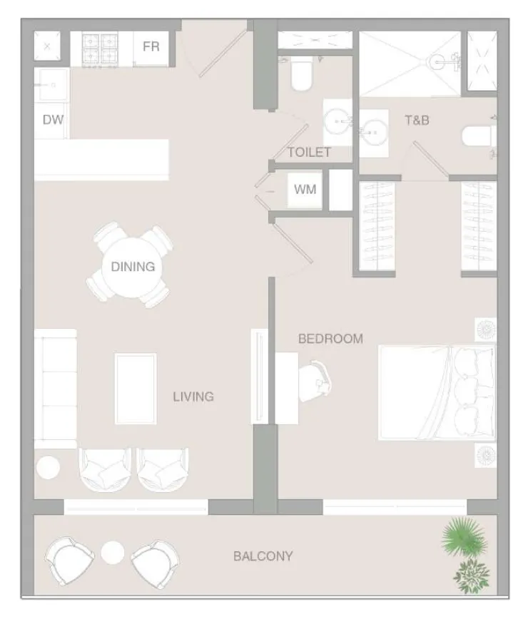 VERDAN1A 3 1 bed floor plan, 785 sqft