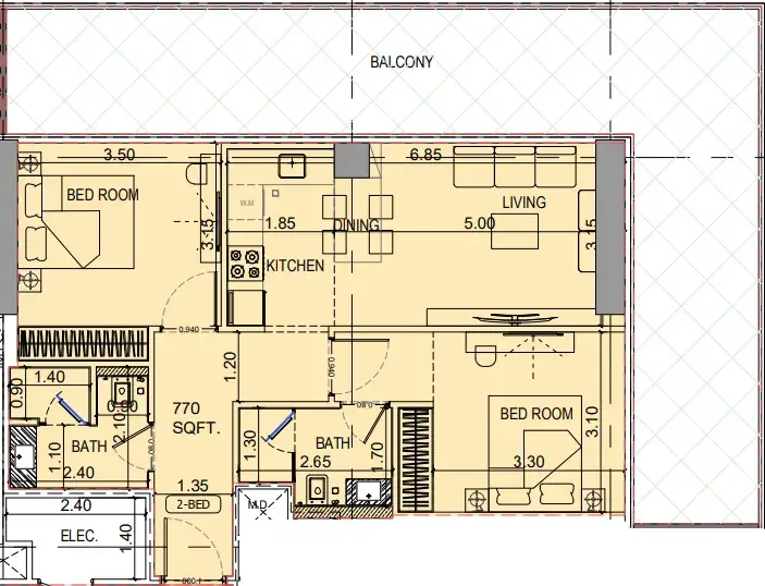 Binghatti Vintage 2 bed floor plan, 1,245 sqft