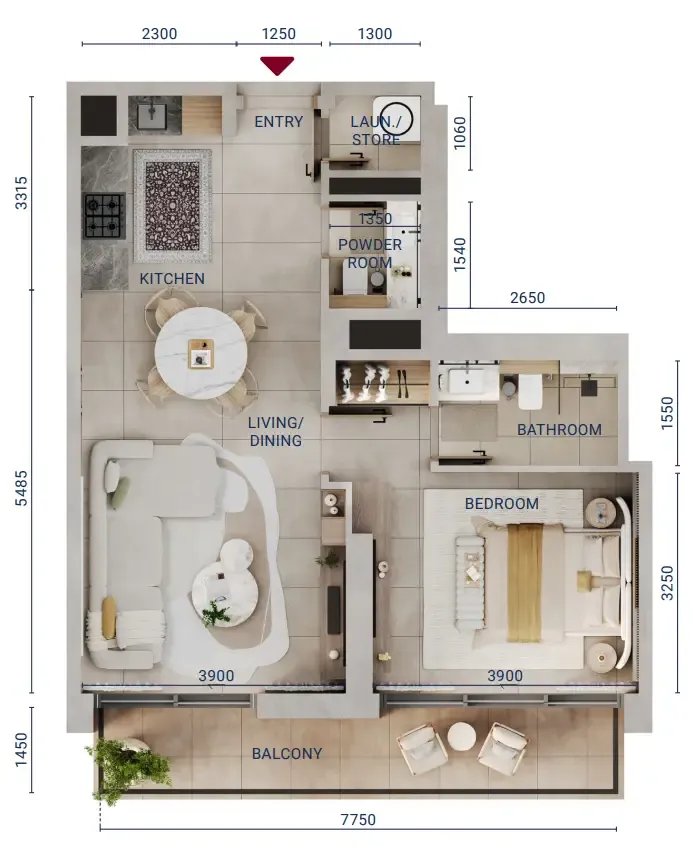 Mirdad 1 bed floor plan, 787 sqft