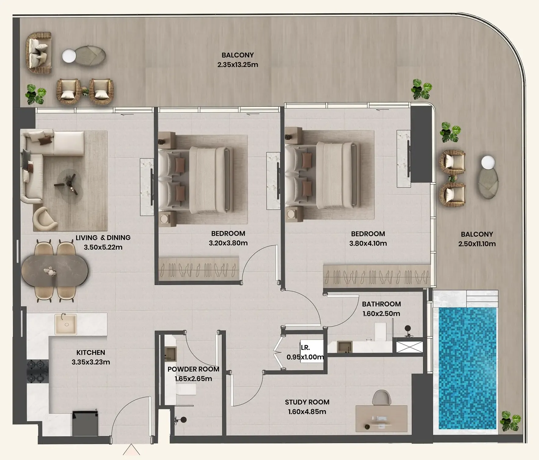 Divine Al Barari 2 bed floor plan, 1,569 sqft