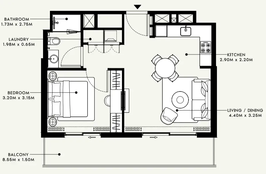 Beach Oasis 1 and 2 1 bed floor plan, 677 sqft