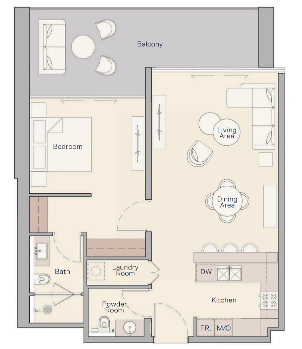 The Crestmark 1 bed floor plan, 988 sqft