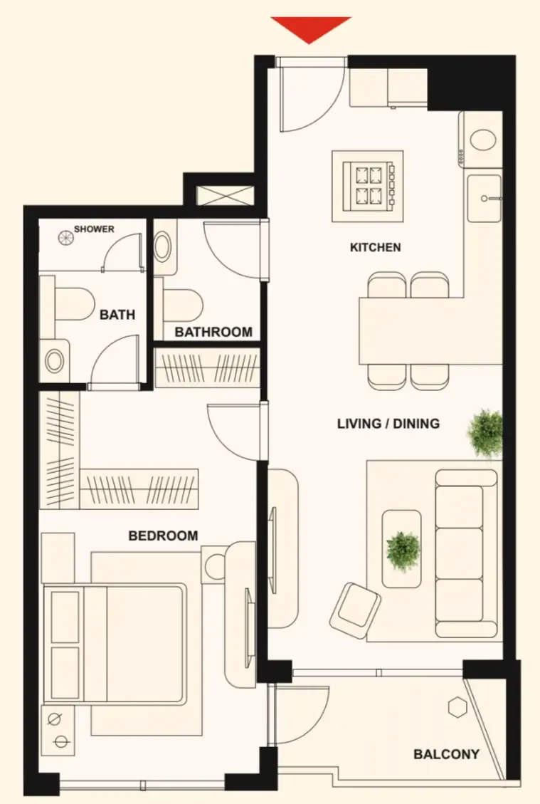 The Elysian 1 bed floor plan, 721 sqft
