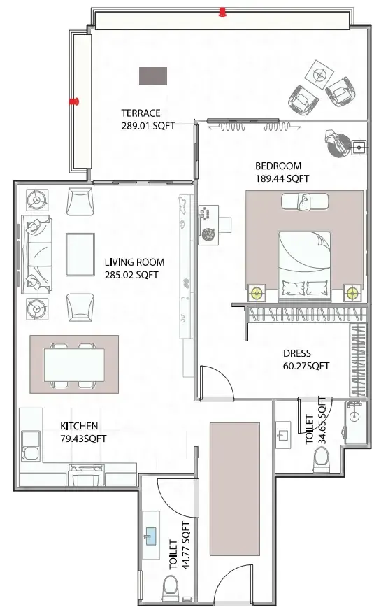 Ajman Creek Towers 1 bed floor plan, 1,570 sqft