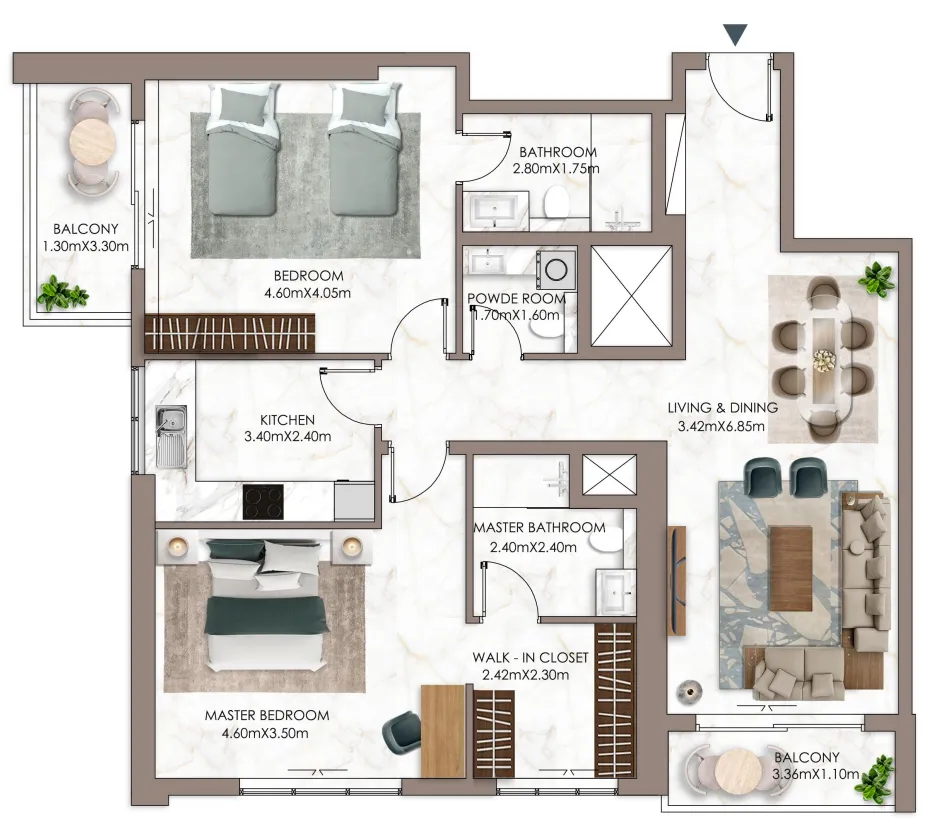 Ajman Pearl Tower 2 bed floor plan, 1,781 sqft
