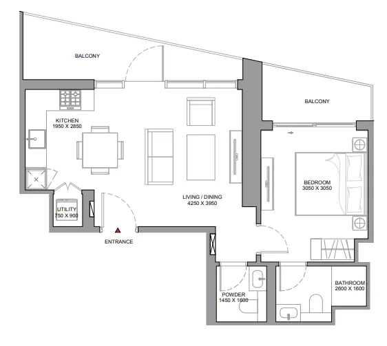 The Eden at Sobha Central 1 bed floor plan, 702 sqft