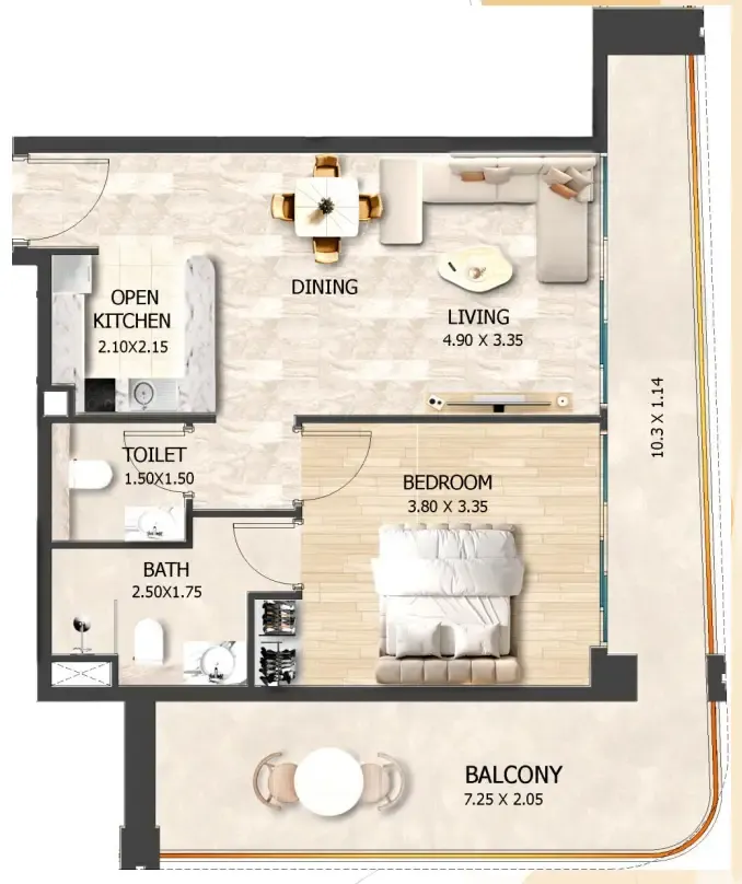 Crystal Tower by VHS 1 bed floor plan, 815 sqft