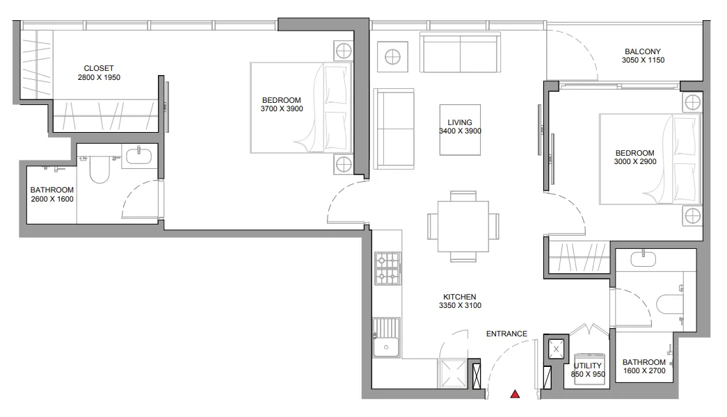 Florine Beach Residences 2 bed floor plan, 839 – 840 sqft