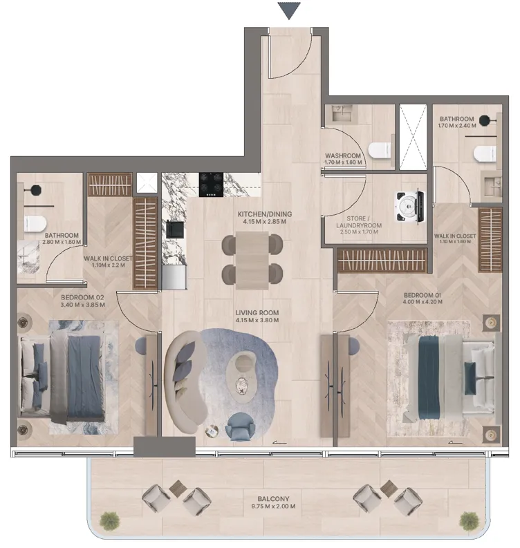 Meriden Beach Residences 2 bed floor plan, 1,226 – 1,228 sqft