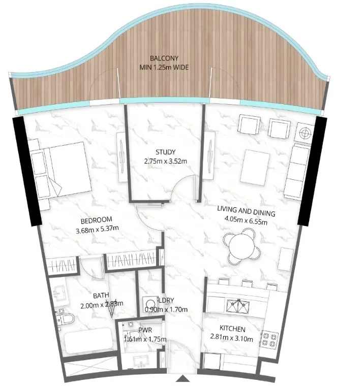 Aqua Arc 1 bed floor plan, 1,269 sqft