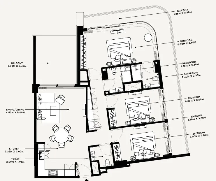 Azizi Arian 3 bed floor plan, 1,871 sqft